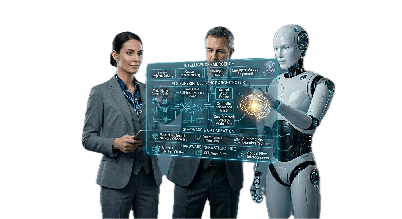 Two leaders and an intelligent system studying a shared holographic architecture together — deliberating side by side